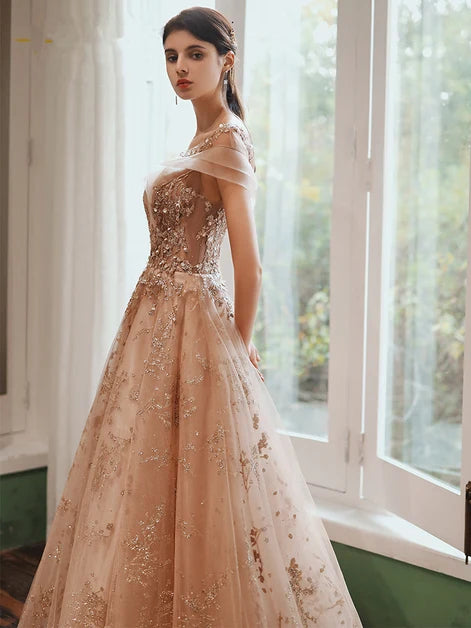 Champagne Off Shoulder Beaded Lace A Line Prom Dress Corset Lace Up Back