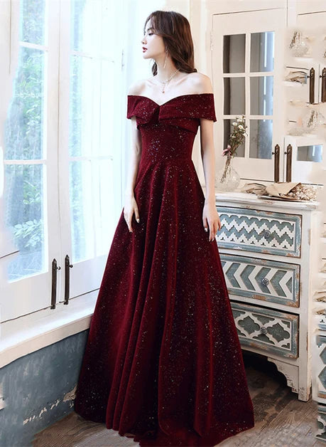 Sparkly A-line Off Shoulder Short Sleeve Lace Up Back Long Prom Dress