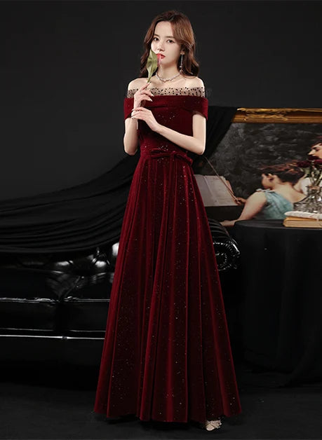Burgundy Glitter Velvet and Mesh A-Line Off-the-Shoulder Floor-Length Dress