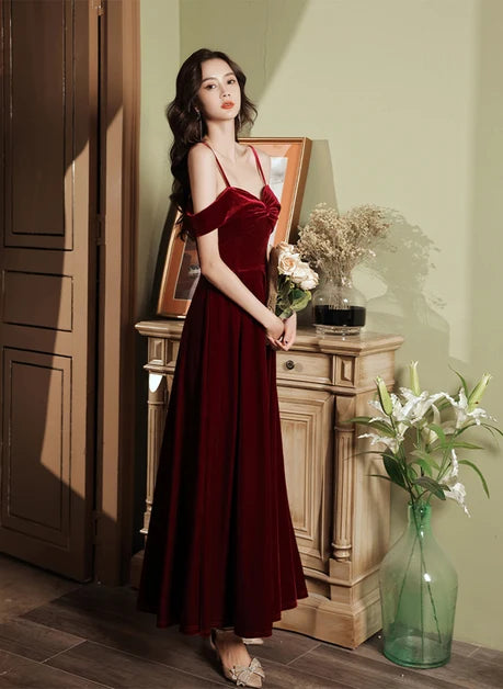 Burgundy Velvet A-Line Sweetheart Zipper Back Ankle-Length Dress