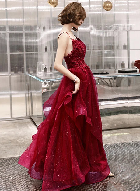 Stunning A-line V Neck Spaghetti Strap Lace Up Back Long Prom Dress