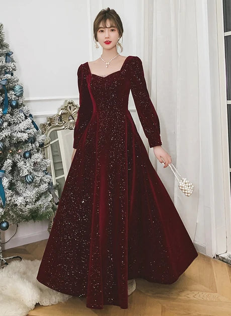 Burgundy Glitter Velvet A-Line Sweetheart Zipper Back Floor-Length Dress