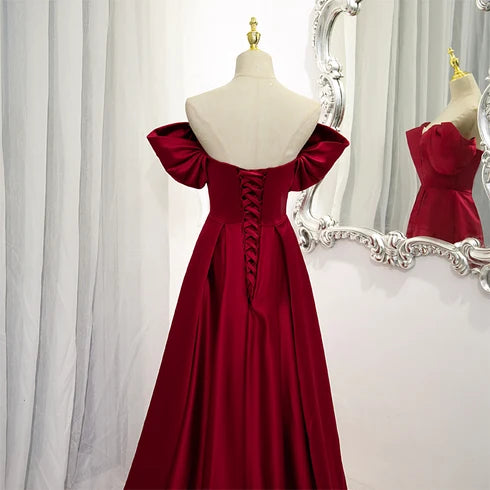 Burgundy Off The Shoulder Satin A Line Prom Dress Pleated Ruffle Neck