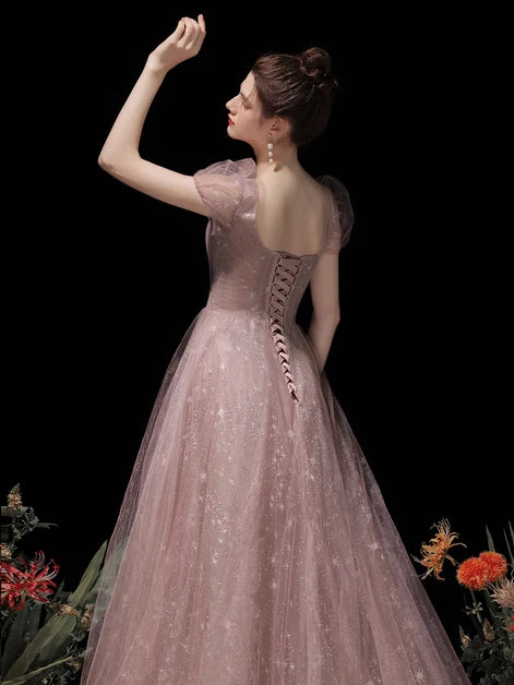 Dusty Pink Puff Sleeve Star Glitter Tulle Prom Dress With Beaded Waist