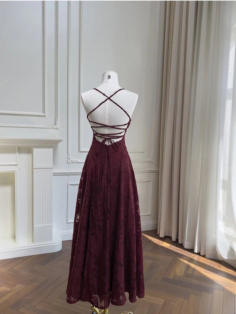 Burgundy Lace A-Line Straight Across Criss-Cross Back Ankle Length Dress