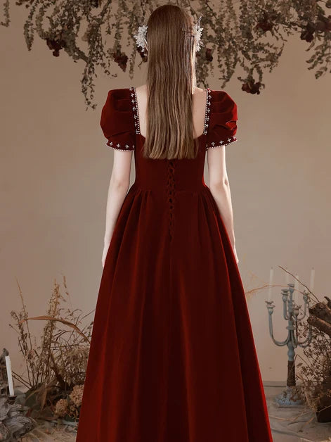 Burgundy Puff Sleeve Velvet Prom Dress With Beaded Trim