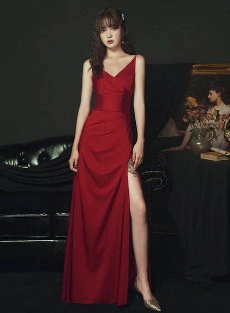 Red V Neck Spaghetti Strap Satin A Line Prom Dress Ruched Front