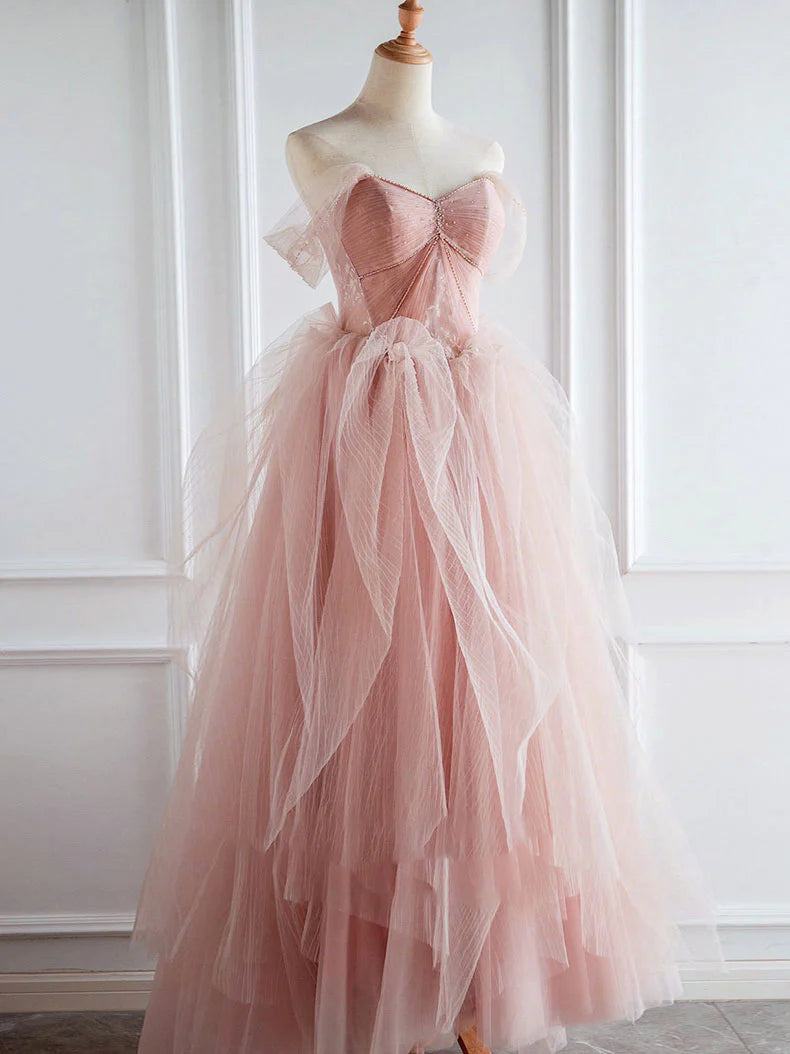 Pink tulle lace long prom evening dress