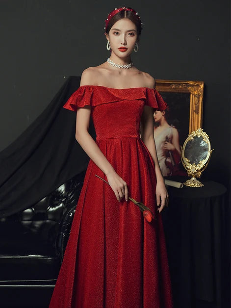 Red Glitter Fabric A-Line Off-the-Shoulder Lace-Up Back Floor-Length Dress