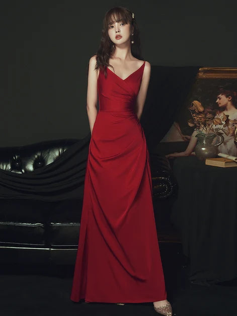 Red V Neck Spaghetti Strap Satin A Line Prom Dress Ruched Front