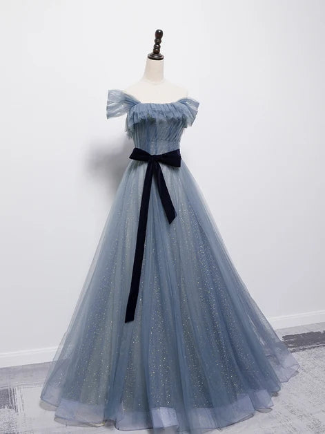 Dusty Blue Off Shoulder Glitter Tulle A Line Prom Dress With Black Velvet Bow Sash