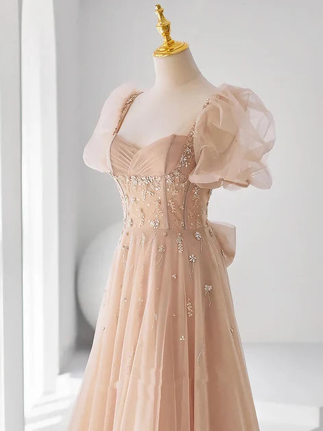 Elegant A-line Sweetheart Puff Sleeve V Lace Up Back Long Prom Dress