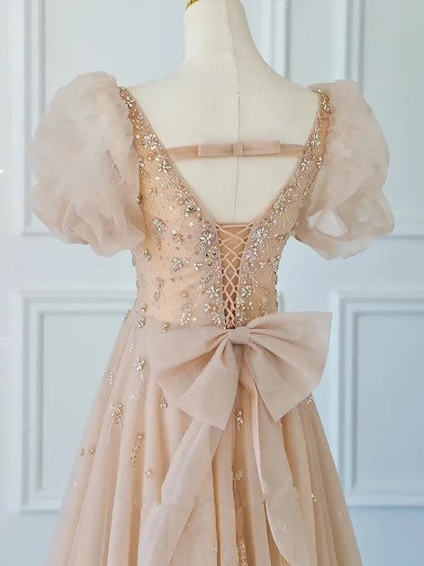 Elegant A-line Sweetheart Puff Sleeve V Lace Up Back Long Prom Dress