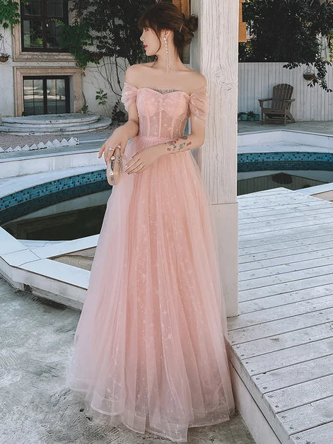 Blush Pink Star Glitter Tulle A Line Prom Dress Off Shoulder Puff Sleeve