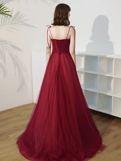 Burgundy Spaghetti Strap Tulle Prom Dress With Beaded Details