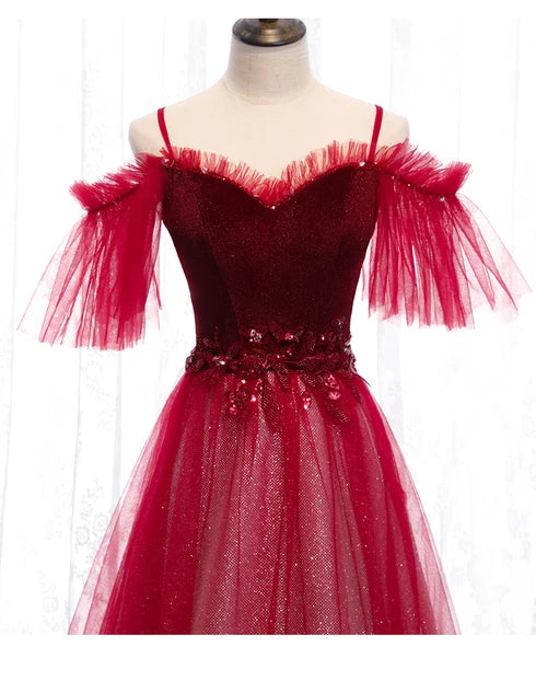 Glamorous A-line Off Shoulder Tassel Sleeve Lace Up Back Long Prom Dress