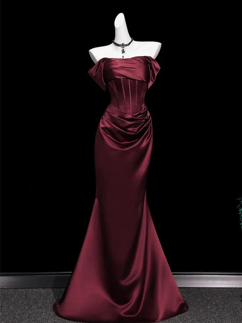 Burgundy Satin Mermaid Off-the-Shoulder Lace-Up Back Floor-Length Dress