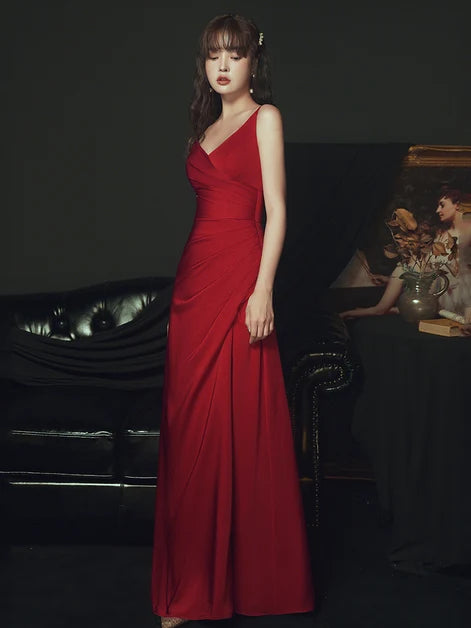 Red V Neck Spaghetti Strap Satin A Line Prom Dress Ruched Front