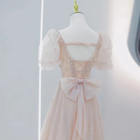 Blush Pink Puff Sleeve Sweetheart Beaded Tulle Prom Dress Bow Corset Back