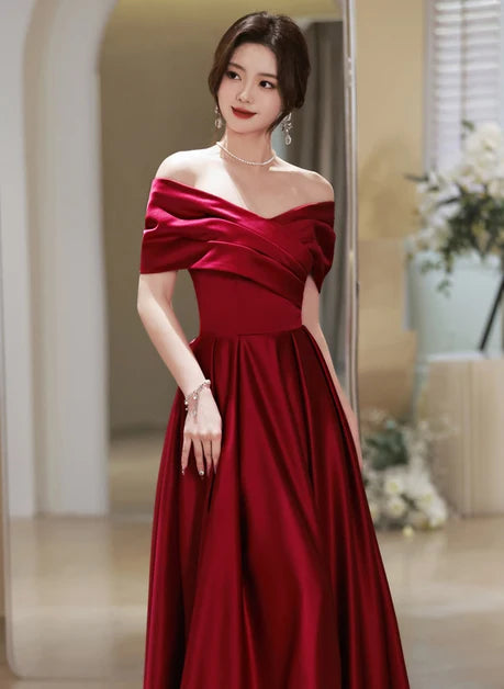 Burgundy Satin A-Line Off-the-Shoulder Lace-Up Back Floor-Length Dress
