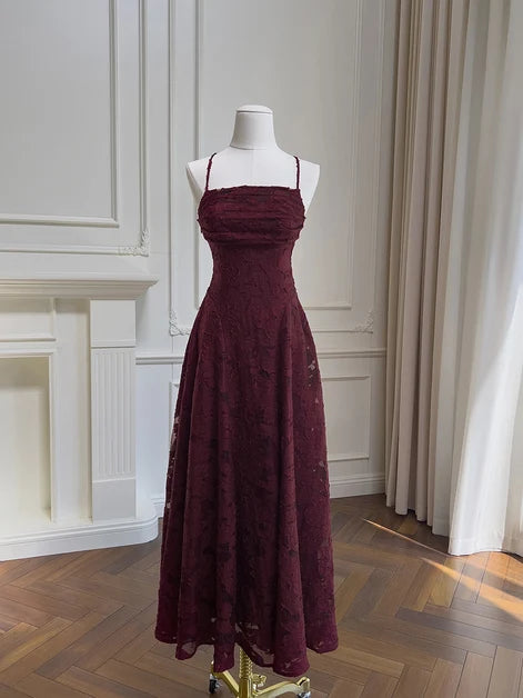 Burgundy Lace A-Line Straight Across Criss-Cross Back Ankle Length Dress