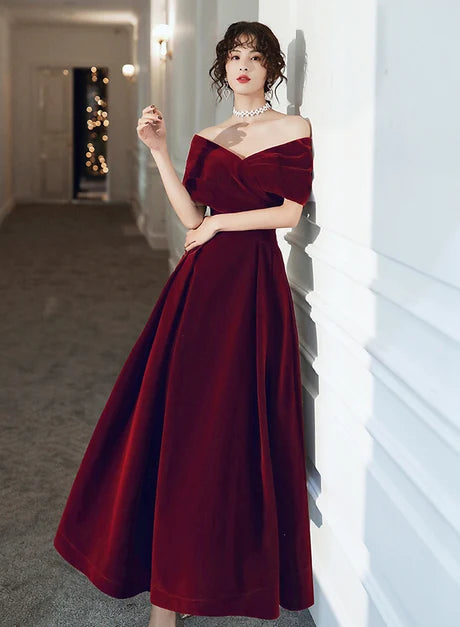 Classic A-line Off Shoulder Short Sleeve Lace Up Back Midi Prom Dress