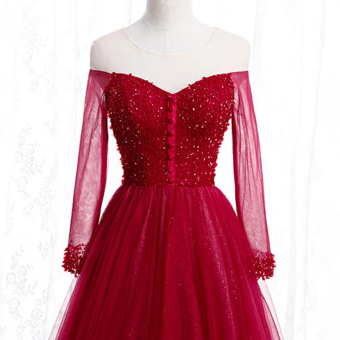 Sparkly A-line Off Shoulder Long Sleeve Lace Up Back Long Prom Dress
