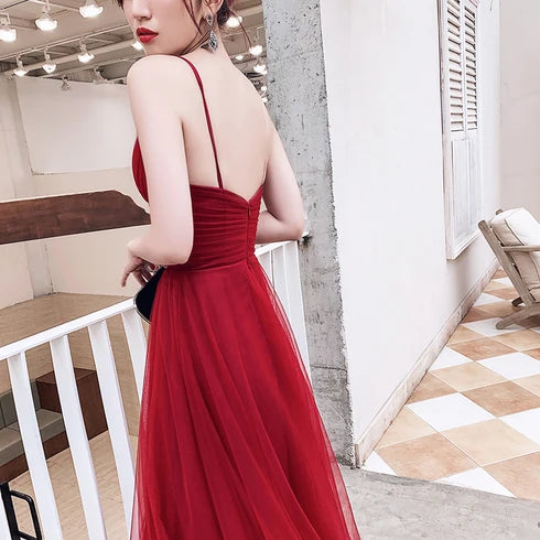 Wine Red Spaghetti Strap V Neck Ruched Tulle A Line Prom Dress