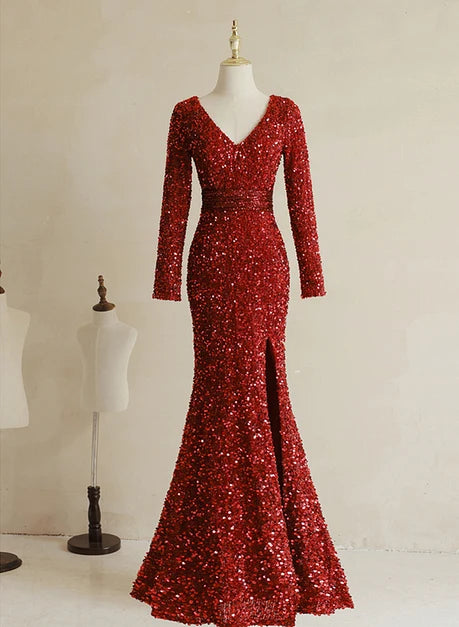 Glamorous Mermaid V Neck Long Sleeve Zipper Back Long Prom Dress