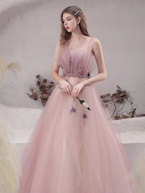Blush Pink Spaghetti Strap Tulle Prom Dress With 3D Butterfly Appliques