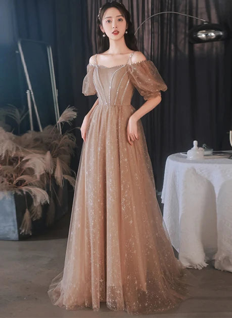 Champagne Glitter Tulle A-Line Off-the-Shoulder Floor-Length Dress