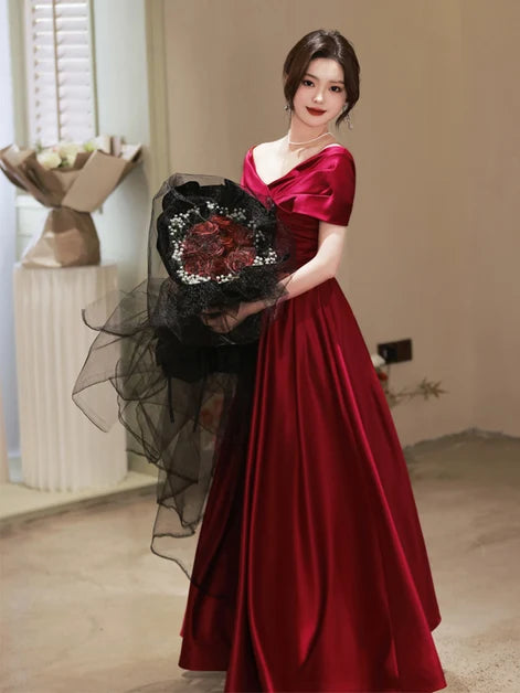 Burgundy Satin A-Line Off-the-Shoulder Lace-Up Back Floor-Length Dress