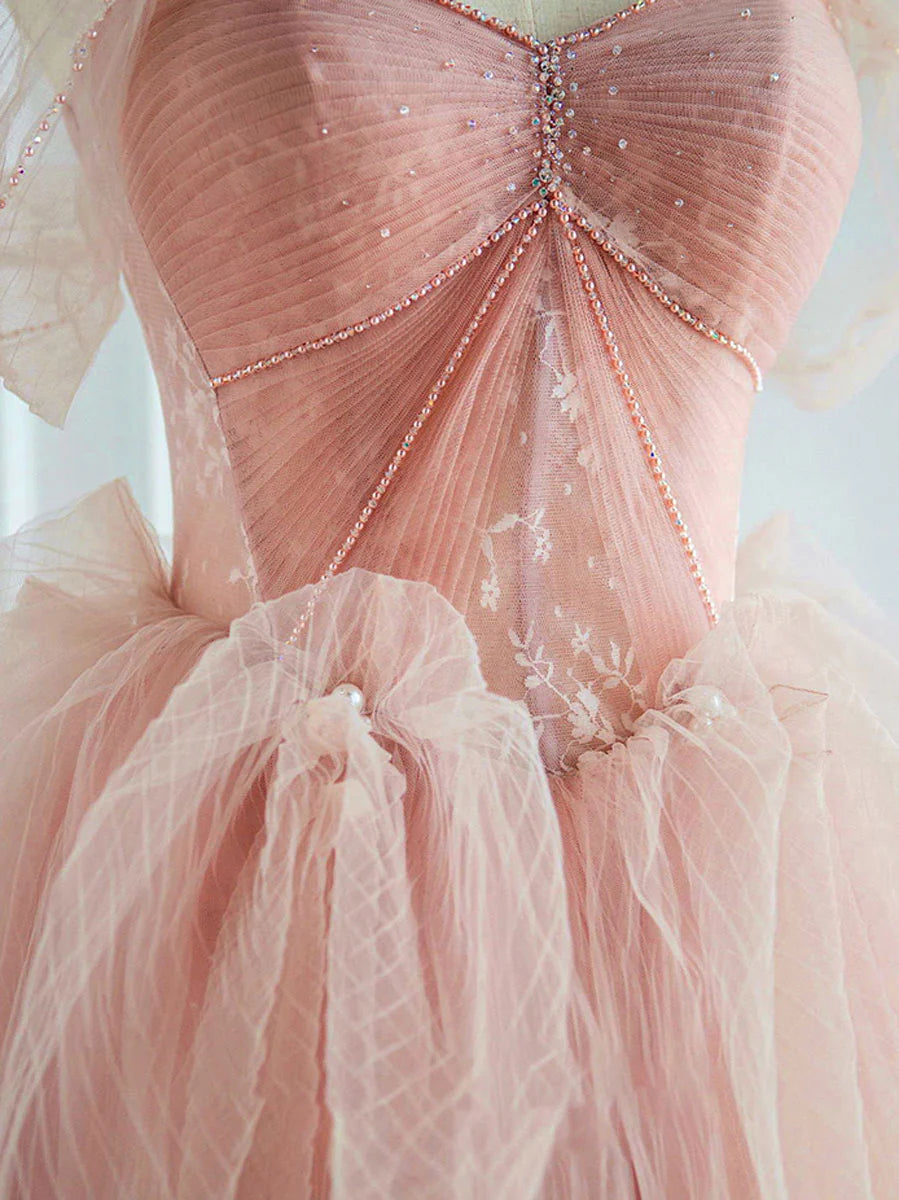 Pink tulle lace long prom evening dress