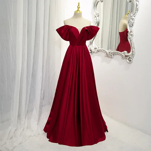 Burgundy Off The Shoulder Satin A Line Prom Dress Pleated Ruffle Neck