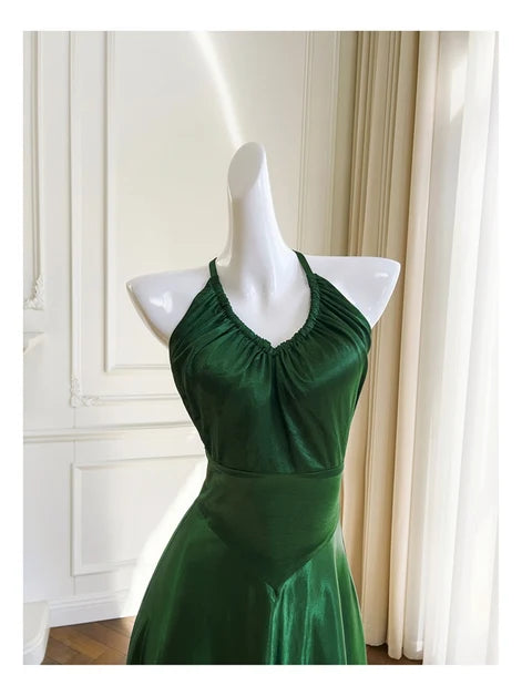 Emerald Green Satin A-Line V-Neck Criss-Cross Back Floor-Length Dress