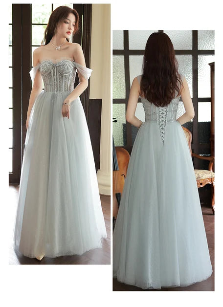 Gorgeous A-line Sweetheart Off Shoulder Lace Up Back Long Prom Dress