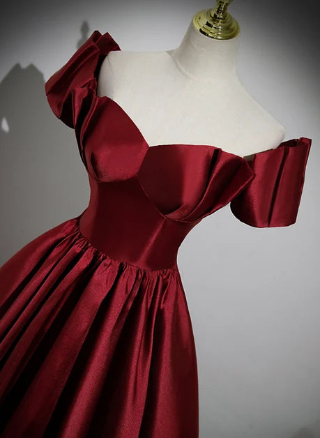 Burgundy Satin A-Line Sweetheart Lace-Up Back Floor-Length Dress