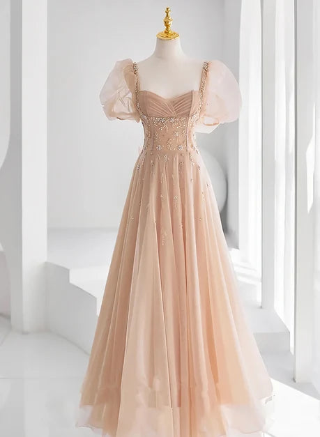 Elegant A-line Sweetheart Puff Sleeve V Lace Up Back Long Prom Dress