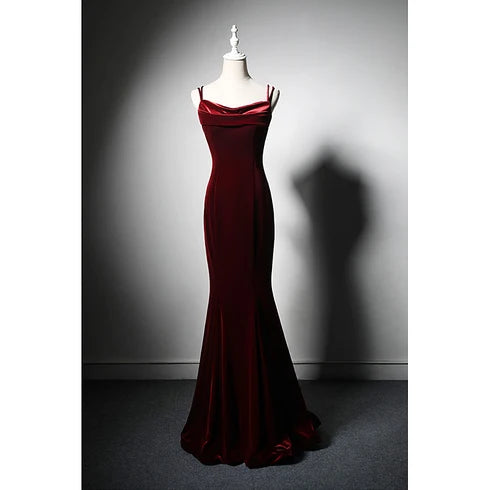 Burgundy Cowl Neck Velvet Mermaid Prom Dress Double Spaghetti Straps Big Bow Back