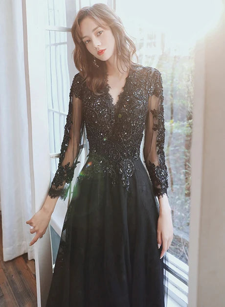 Glamorous A-line V Neck Long Sleeve Lace Up Back Long Prom Dress