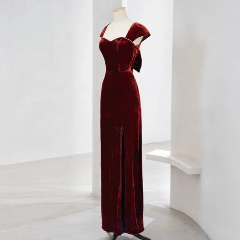 Burgundy Cap Sleeve Velvet Mermaid Dress With Bow Back