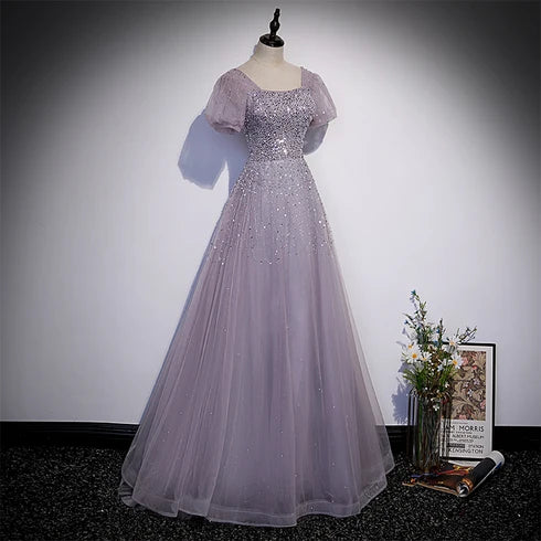 Dusty Lavender Square Neck Puff Sleeve Sequin Tulle A Line Prom Dress Corset Back