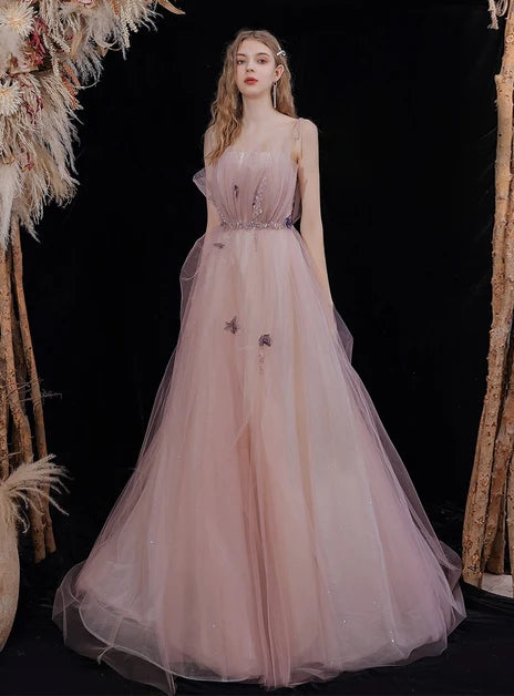 Blush Pink Spaghetti Strap Tulle Prom Dress With 3D Butterfly Appliques
