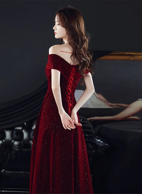 Burgundy Glitter Velvet A-Line Off-the-Shoulder Lace-up Floor-Length Dress