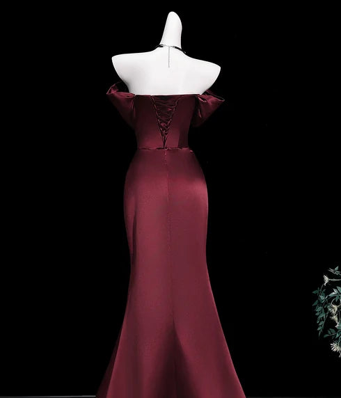 Burgundy Satin Mermaid Off-the-Shoulder Lace-Up Back Floor-Length Dress