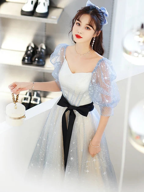 Light Blue Star Tulle A Line Prom Dress Puff Short Sleeves Black Sash Bow