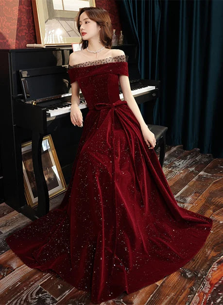 Burgundy Glitter Velvet and Mesh A-Line Off-the-Shoulder Floor-Length Dress