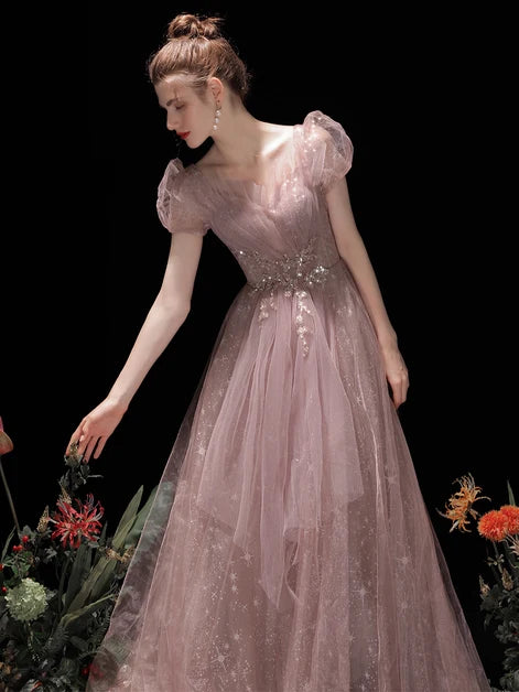 Dusty Pink Puff Sleeve Star Glitter Tulle Prom Dress With Beaded Waist