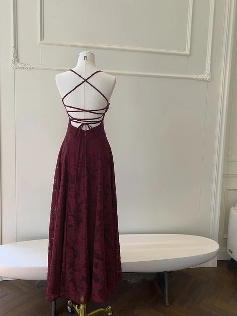 Burgundy Lace A-Line Straight Across Criss-Cross Back Ankle Length Dress