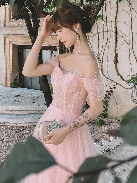 Blush Pink Star Glitter Tulle A Line Prom Dress Off Shoulder Puff Sleeve